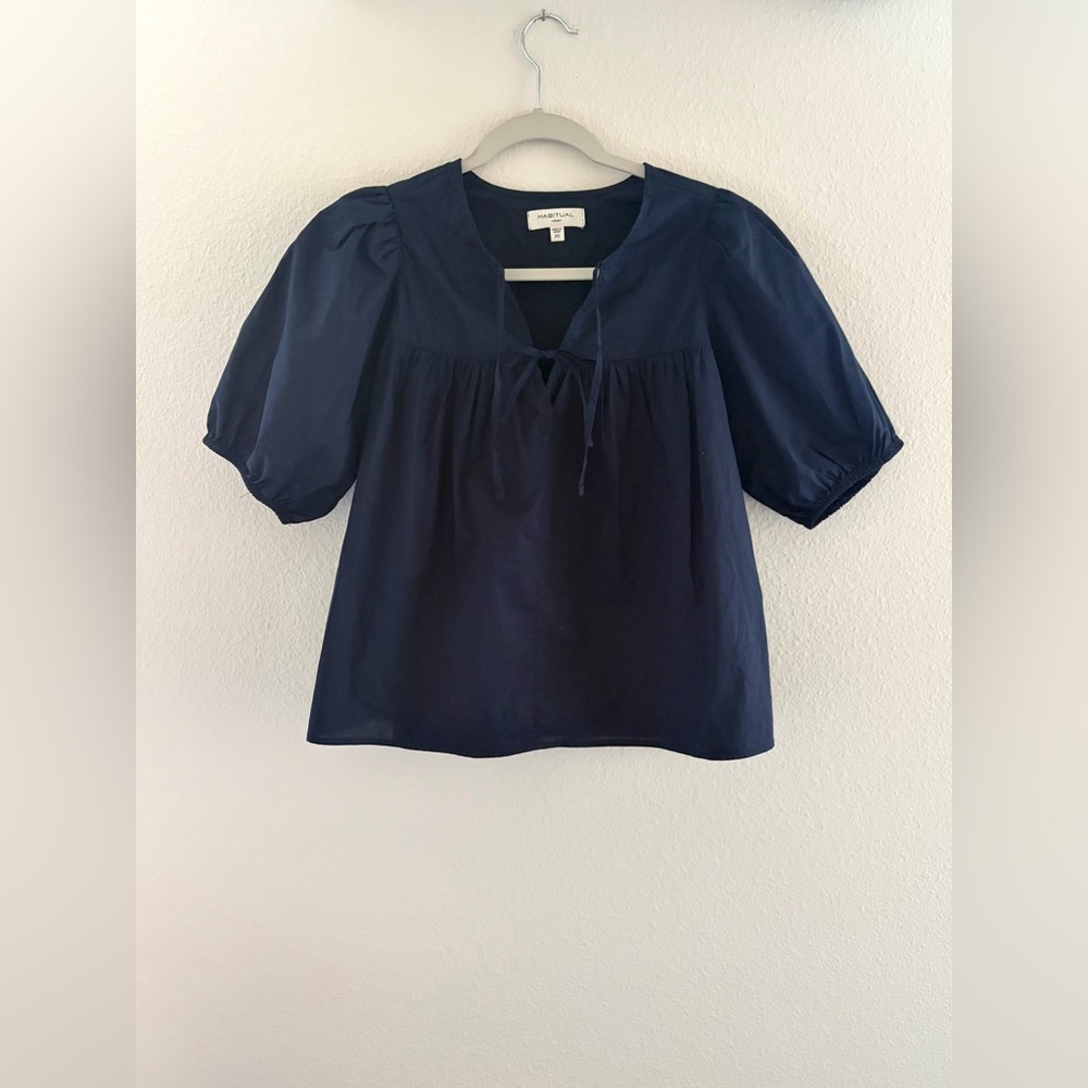 Habitual Navy Blue Cotton Puff Sleeve Tie Front Blouse XS